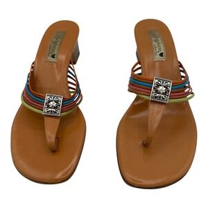 Brighton Kendal Women's Orange Leather Multi-Strap Heeled Thong Sandals Size 10